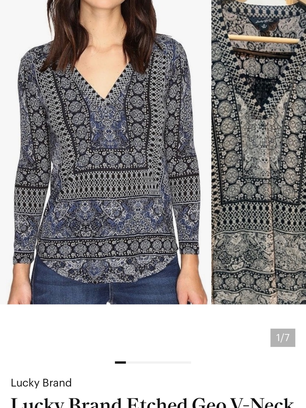 Lucky Brand Navy and White Etched Geo V-Neck Tunic